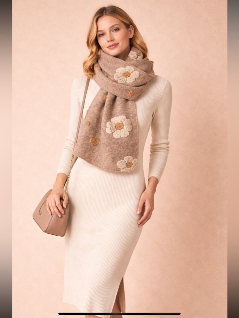 Sincerely Jules Taupe Floral Knit Scarf with Flowers